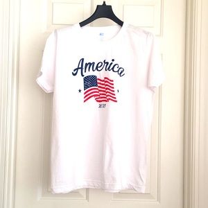 Made in USA White Tee Large 12/14 Patriotic Flag Graphic T-shirt Red White Blue